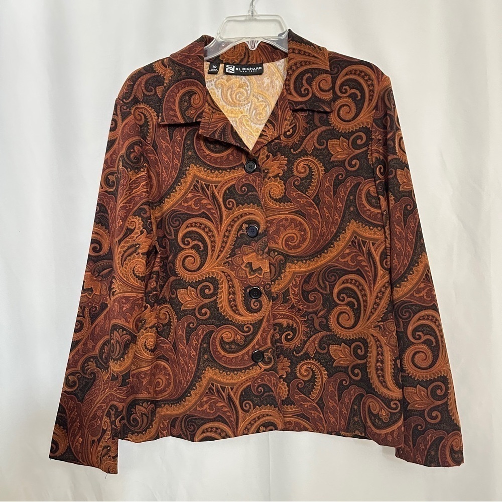 80s Vintage RL Richard Women's Brown Paisley Print Jacket Style Shirt sz US 10